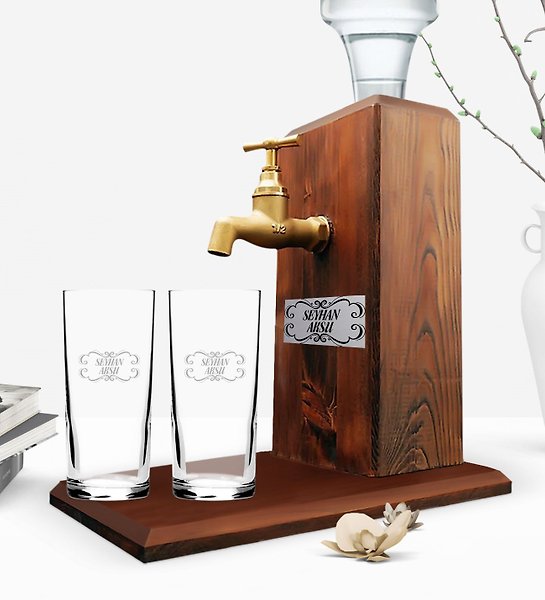 Kişiye Özel İkili Rakı Bardağı ve Musluklu Doğal Ahşap Rakı Standı - Ceviz