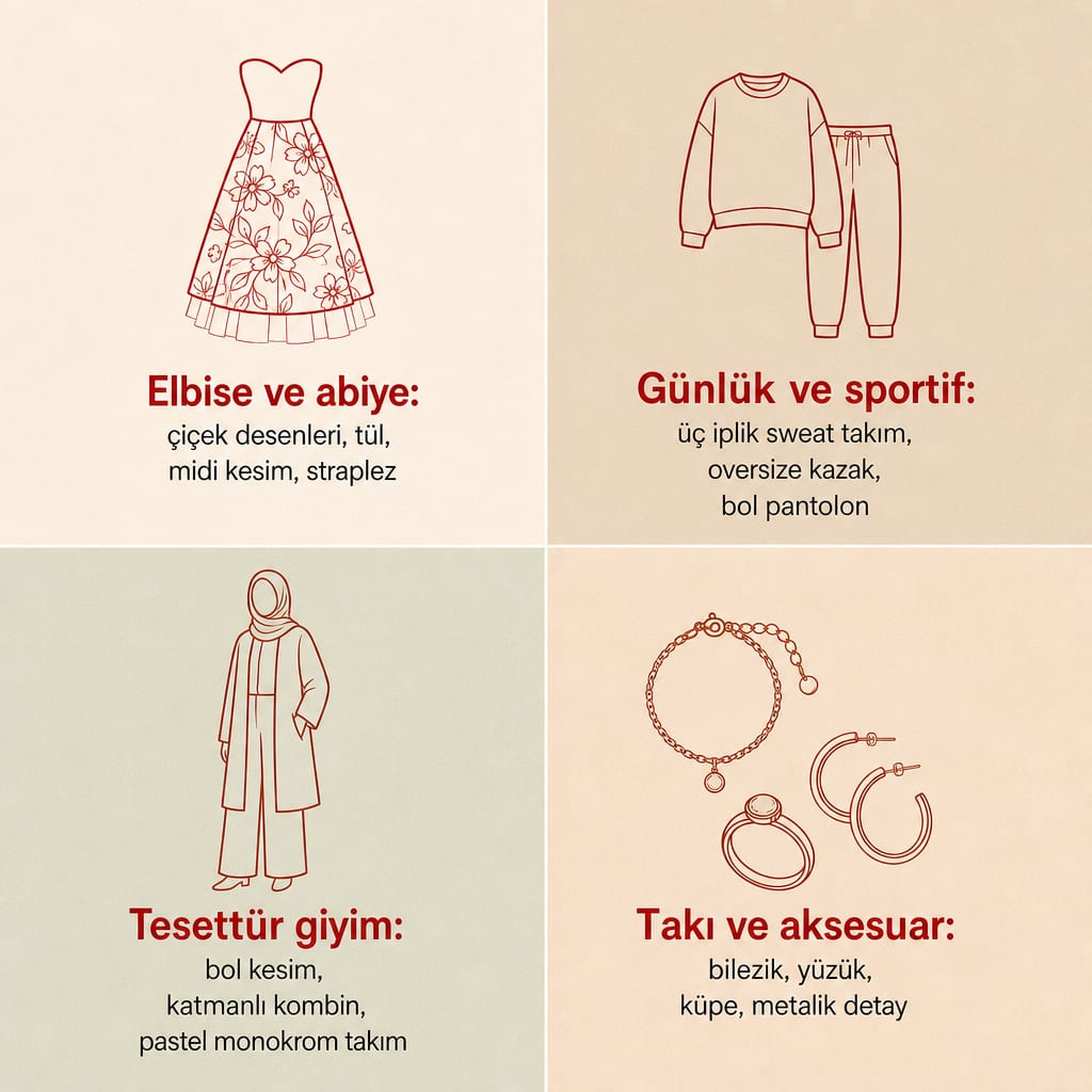 Elbise, günlük giyim, tesettür ve takı kategorilerini gösteren dört bölmeli trend infografiği